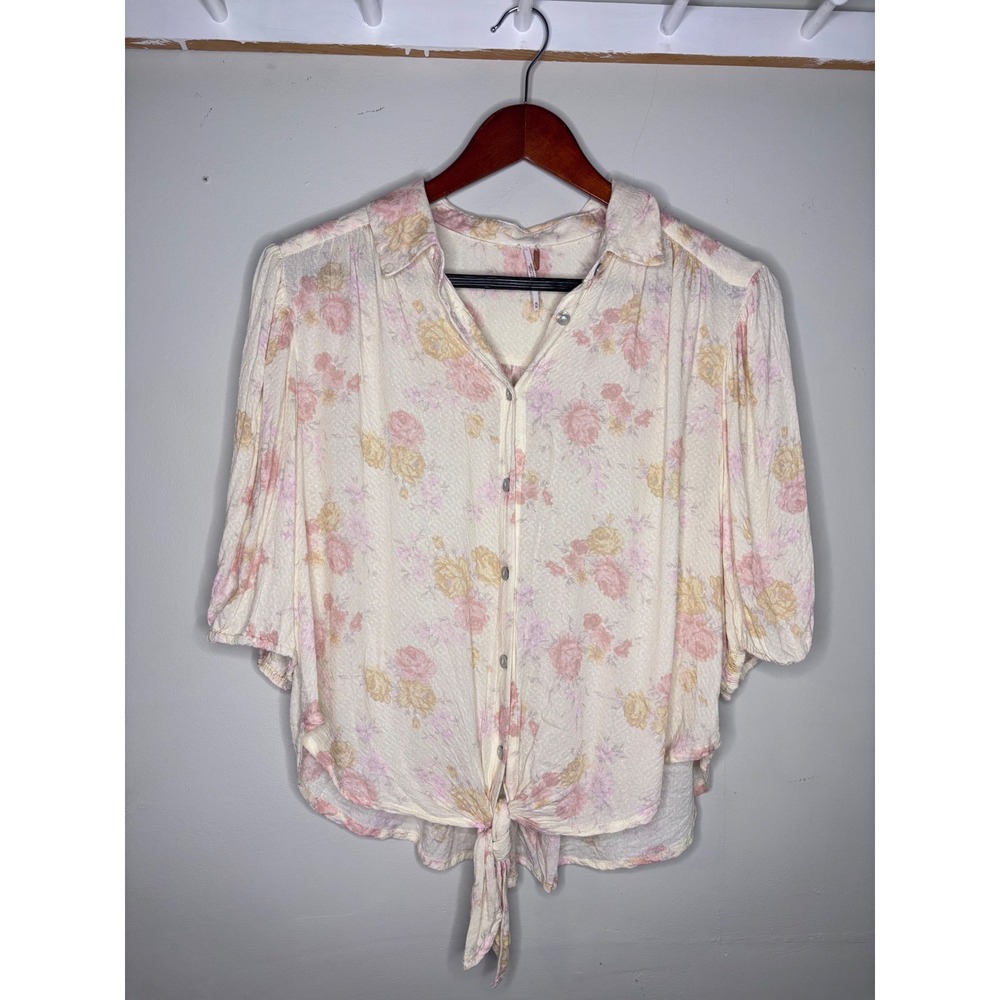 Free People Floral Tie Front Button Down Blouse Cream Pink Yellow Size Medium
